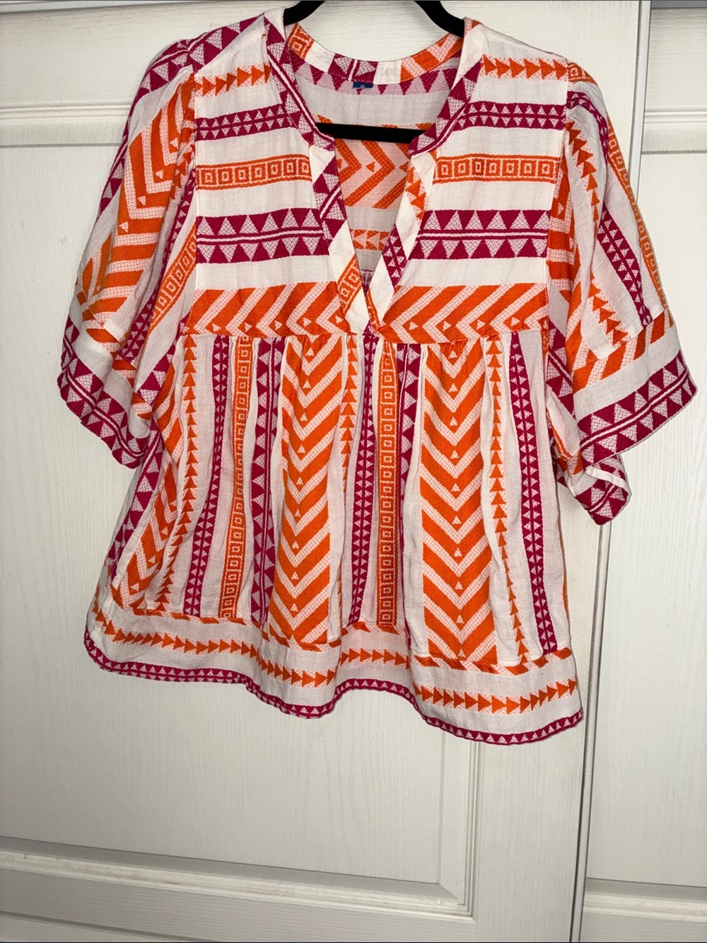 Vibrant Geometric Peasant Top — Orange & Pink